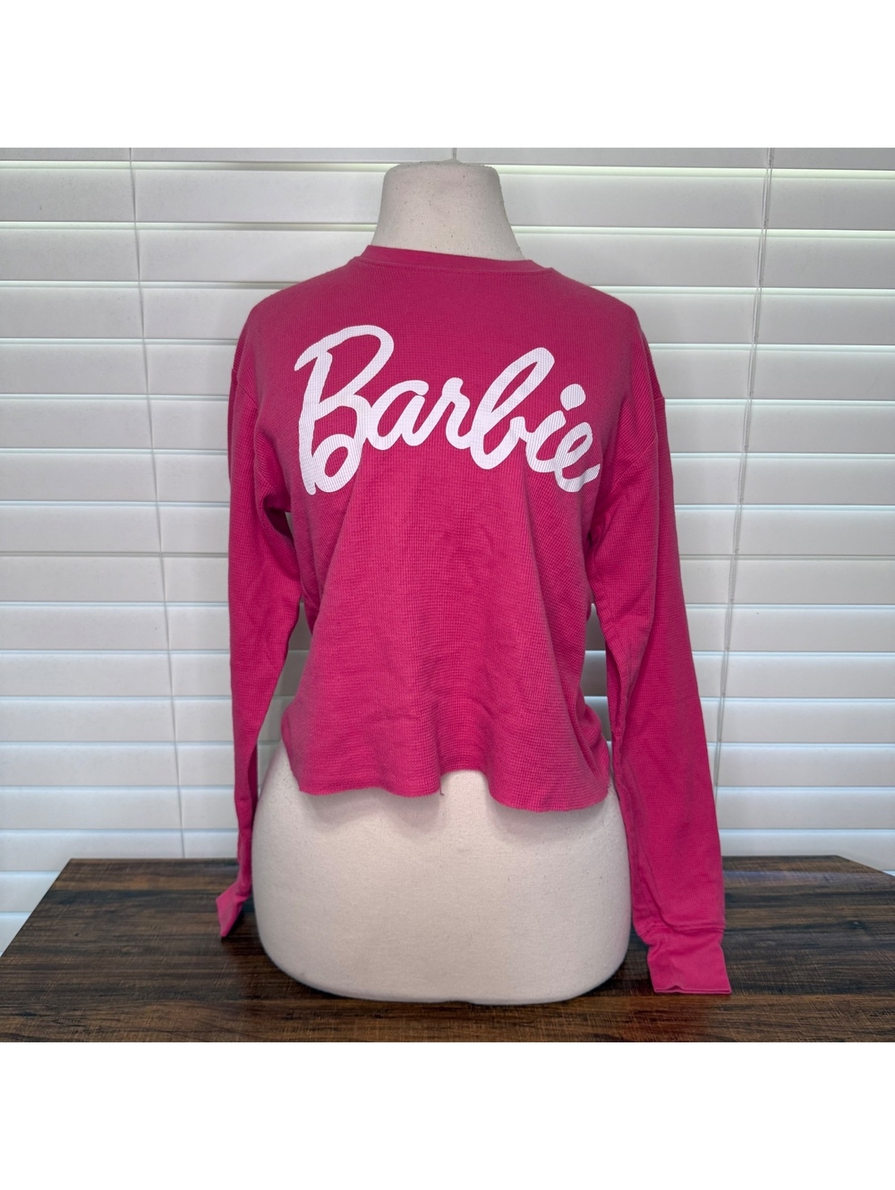 Barbie Pink Waffle Knit Long Sleeve Cropped Sweatshirt Size S